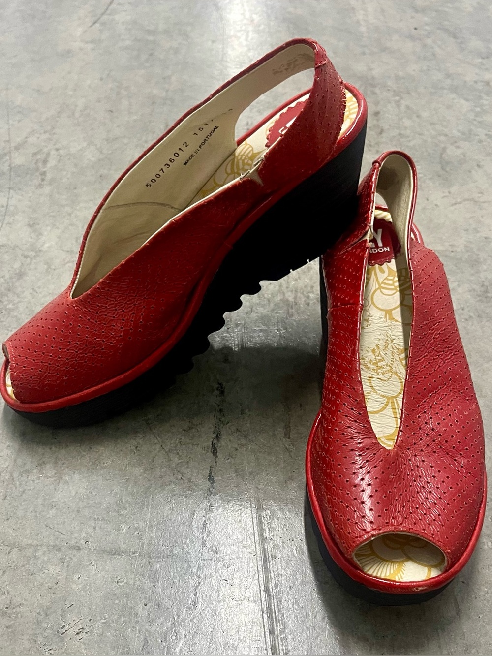 Fly London Red Peep-Toe Slingback Wedge Sandals Size 39